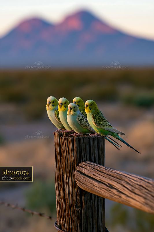 Five budgerigars perched on a weathered wooden fence