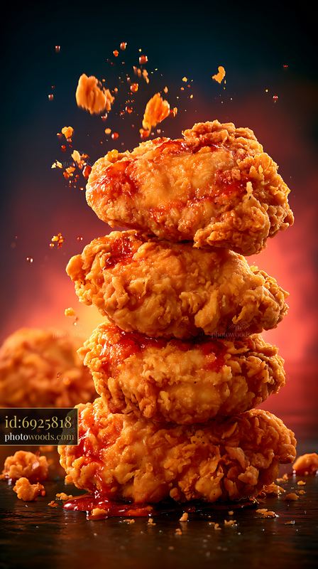 Stack of crispy fried chicken pieces with sauce dripping down