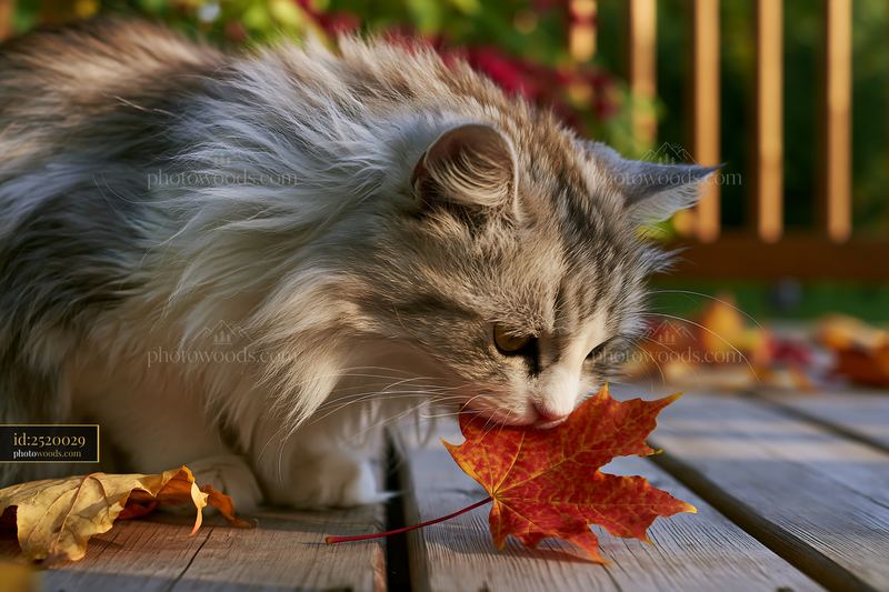 Asian Semi-longhair cat with autumn leaf on wooden deck