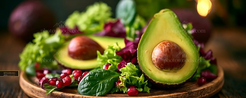 Fresh avocado halves on a wooden plate with greens and pomegranate