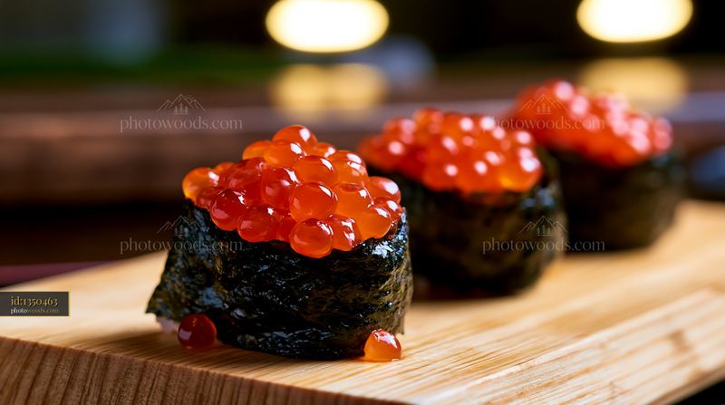 Ikura salmon roe sushi on wooden board close up