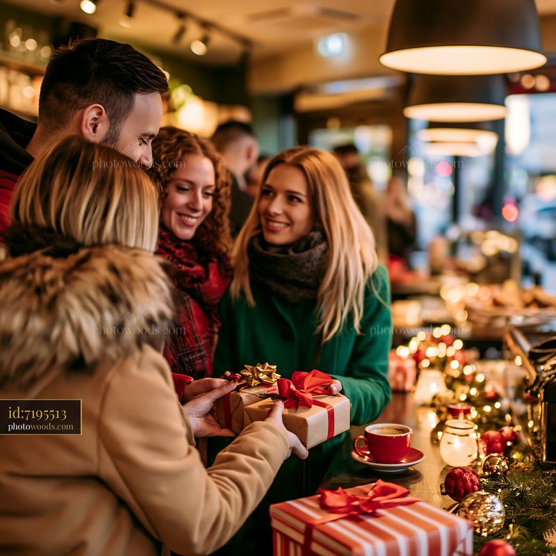 Friends exchanging gifts in a festive coffee shop