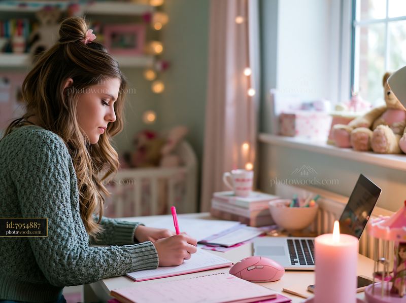 Girl writing a gift list at a festive desk
