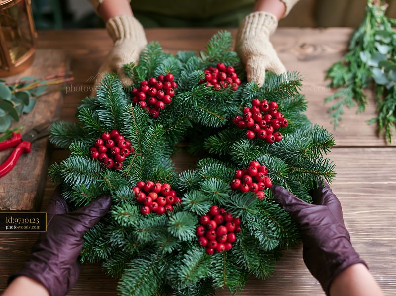 Hands arranging a pine wreath with red berries on a wooden table