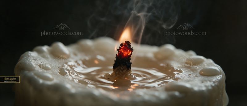 Macro View of a Smoking Candle Flame and Melted Wax