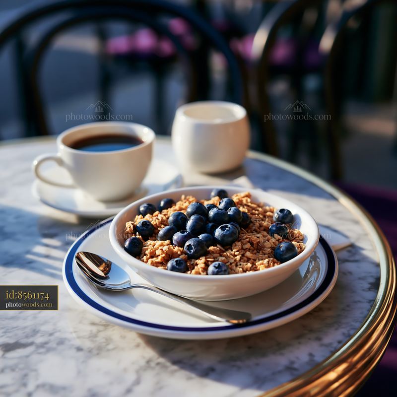 Breakfast bowl of granola with blueberries and coffee