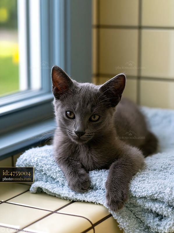 Gray Korat kitten resting on a towel by a window