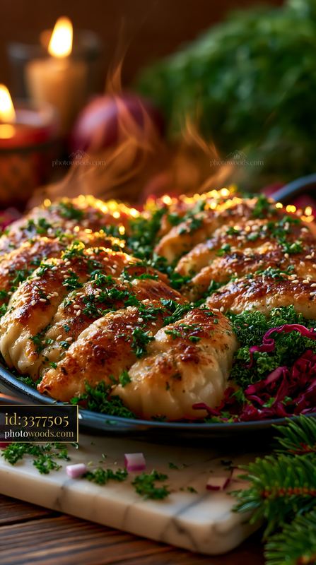 Gyoza Served on a Plate With Herbs and Vegetables