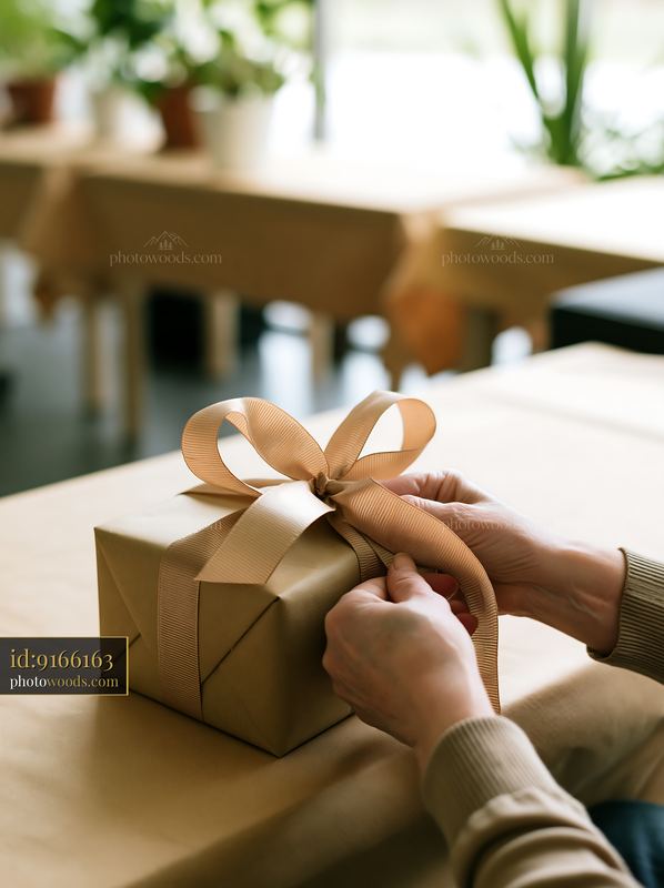 Hands tying a ribbon around a gift box