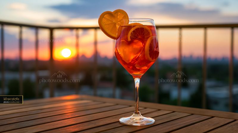 Heart-shaped ice in an orange drink at sunset