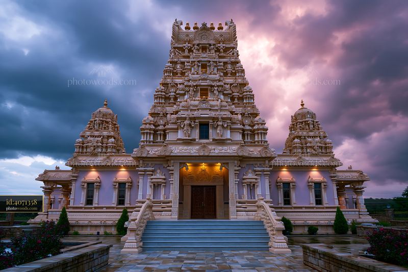 Hindu Temple Architecture in Dramatic Sky at Dusk