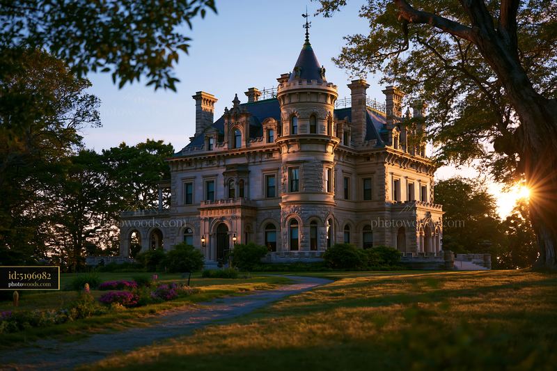 Historic Mansion During Golden Hour in a Garden Setting