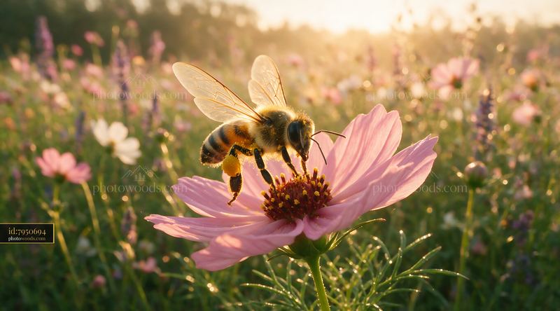 Honey bee landing on pink flower with wings open