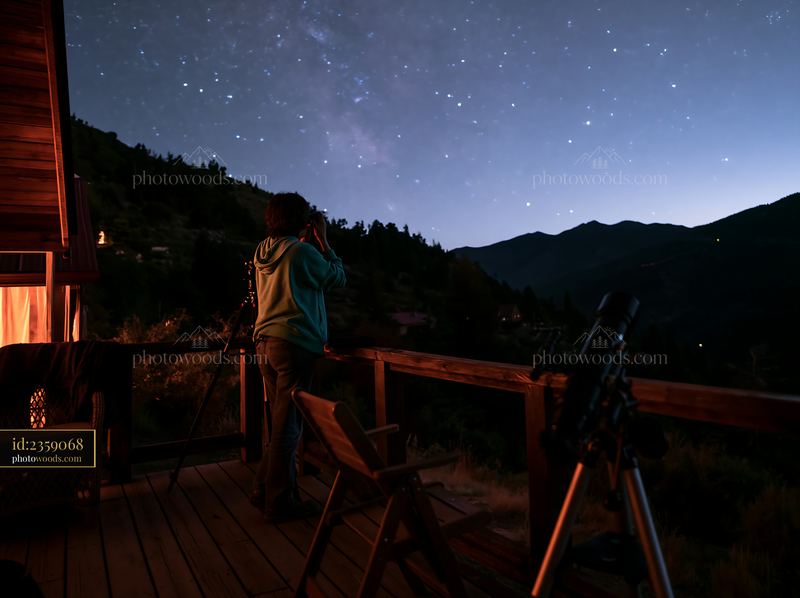 Person photographing stars from a mountain balcony at night