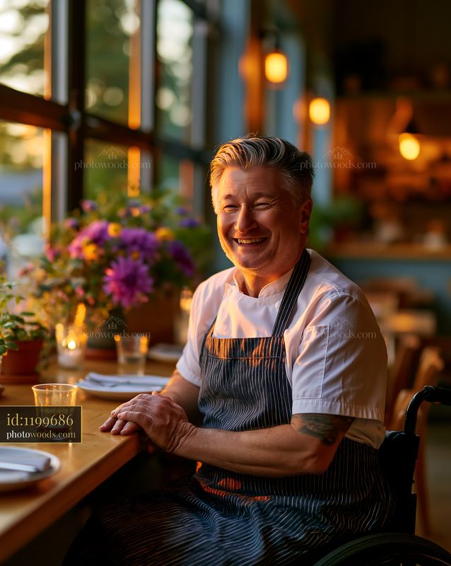 Joyful Chef Seated in Wheelchair at Restaurant During Golden Hour