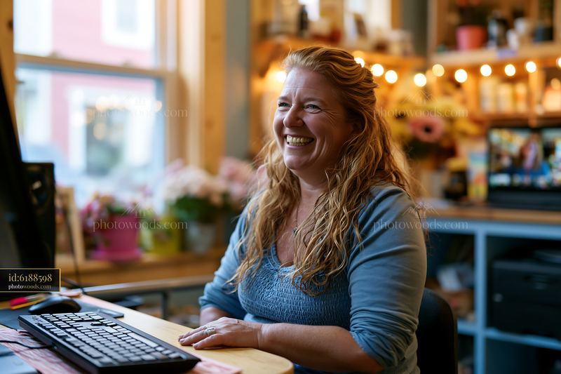 Joyful Shop Owner Laughing in a Cozy Workspace