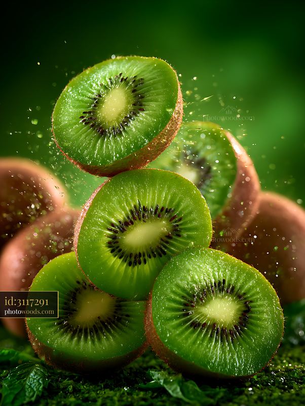 Kiwi Slices Spinning in the Air Surrounded by Green Background