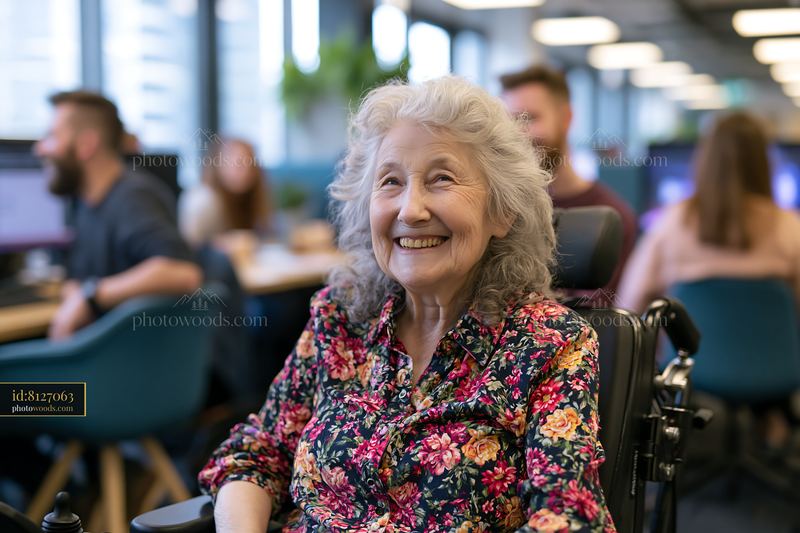 Laughing Grandmother in Modern Office Setting With Coworkers