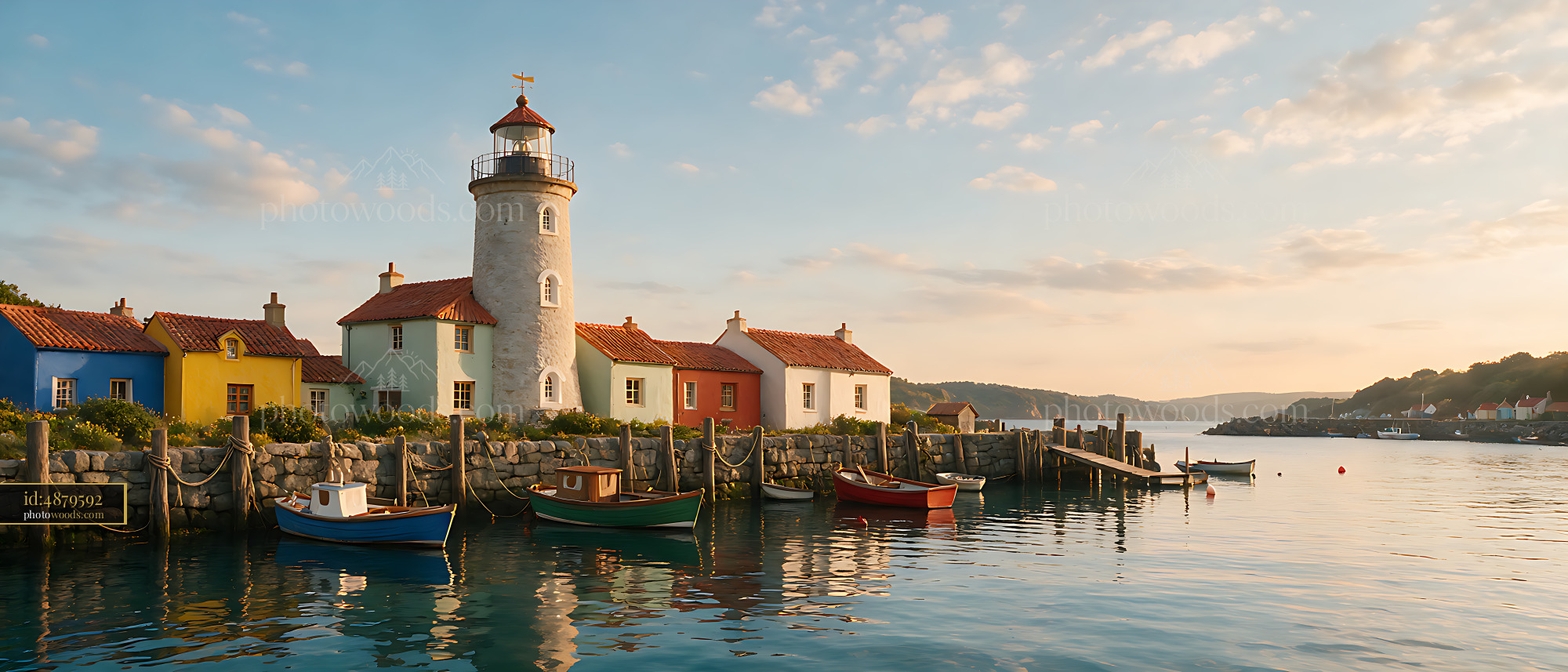 Lighthouse beside colorful cottages and small boats on a calm coastal harbor.