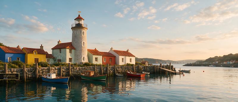 Lighthouse and colorful cottages beside a calm harbor