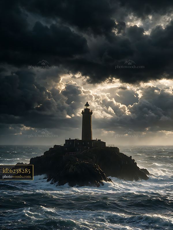 Lighthouse on a Rocky Island Above a Stormy Sea