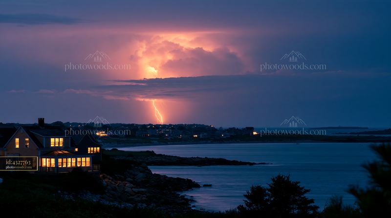 Coastline illuminated by lightning over ocean during storm