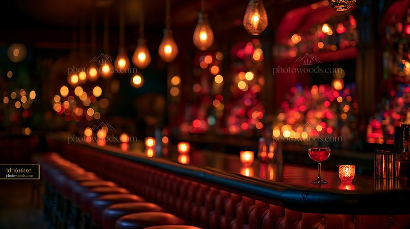 Luxury Bar Counter With Warm Pendant Lighting at Night