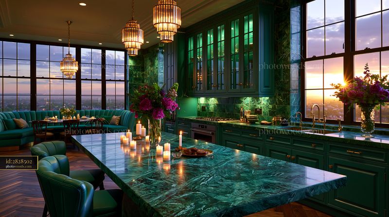 Luxury Kitchen With Green Marble and Sunset View