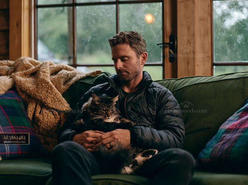 Man Sitting with Cat on a Sofa in a Cozy Cabin
