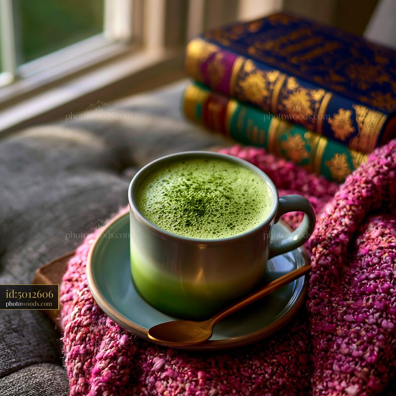 Matcha Latte in a Cup With Jade Green Gradient in Cozy Setting