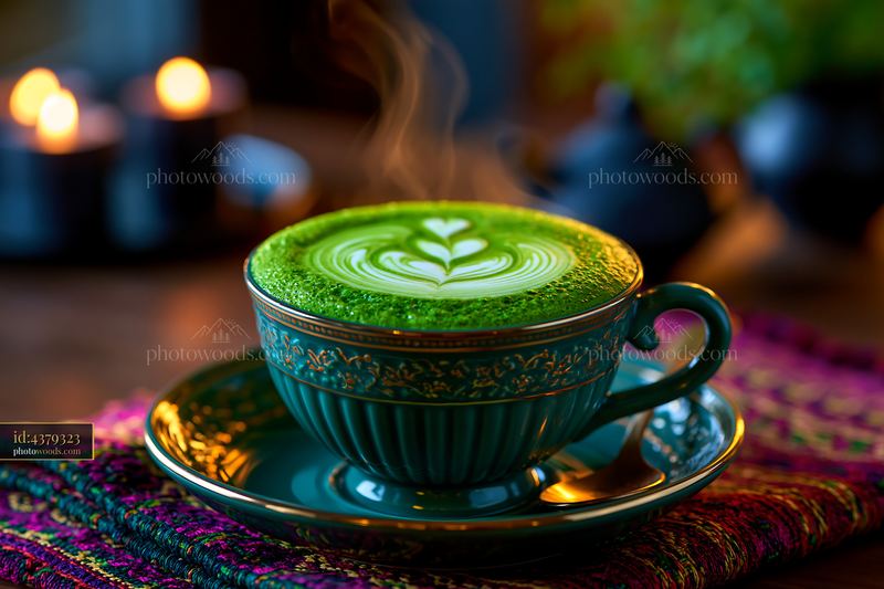 Matcha Latte With Detailed Latte Art on a Cozy Table