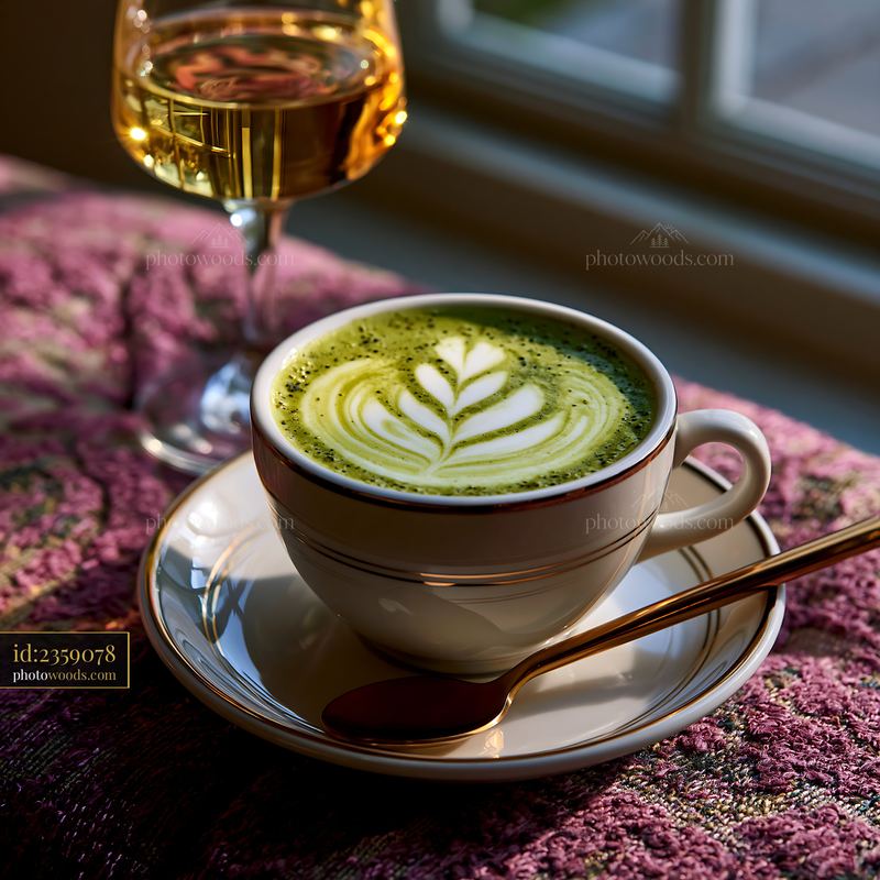Matcha Latte With Latte Art Beside a Glass of Beverage