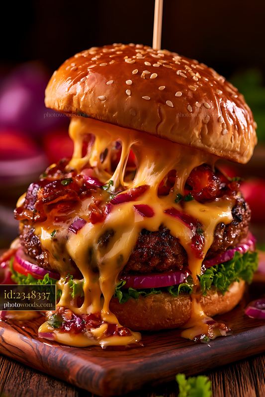 Melting Cheese Burger With Bacon and Onion on a Wooden Plate