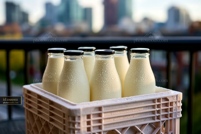 Milk bottles in an insulated delivery box on a balcony