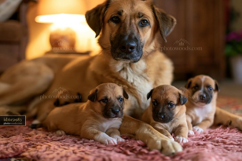 Mother dog resting with three puppies indoors