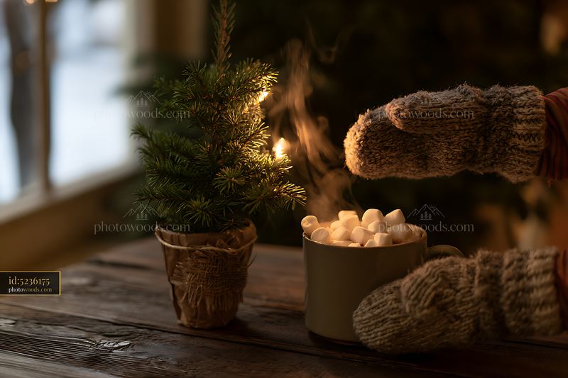 Warm cocoa with marshmallows beside a small evergreen tree