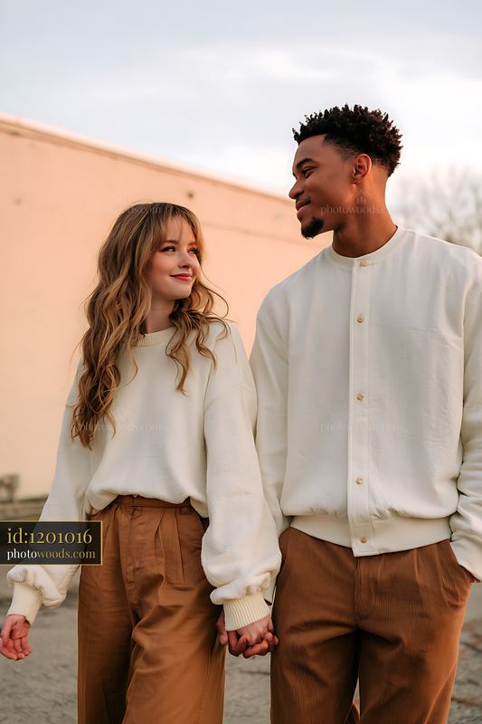 Multiracial Couple Walking Hand in Hand During Golden Hour