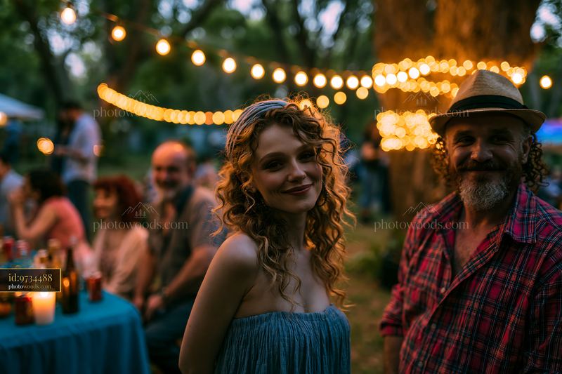 Neighbors at a Local Harvest Festival Enjoying the Evening