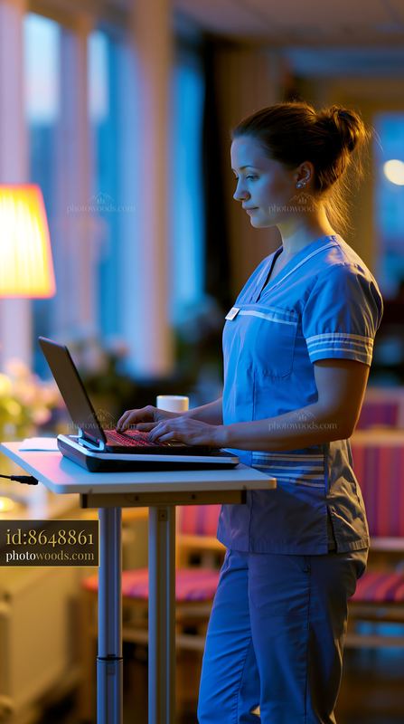 Nurse Working With Mobile Care Device in a Comfortable Setting