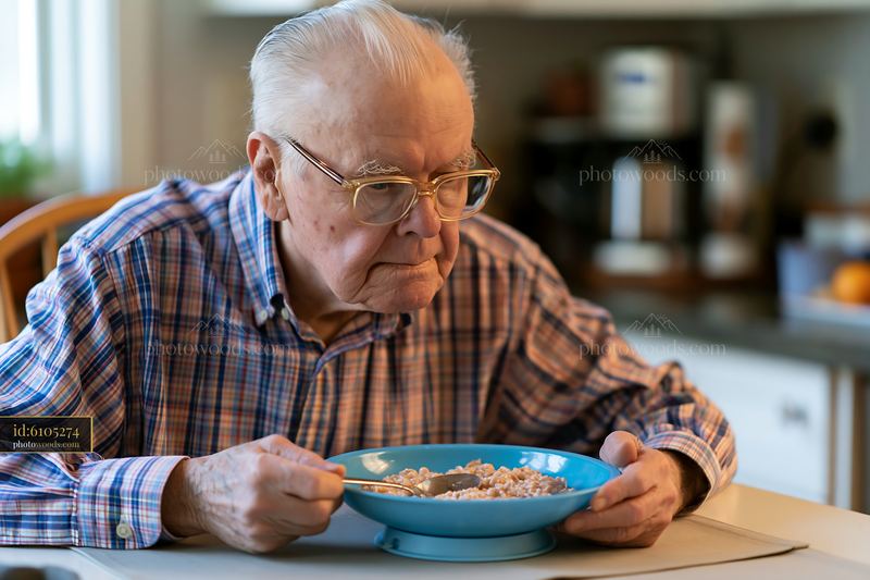Older man eating cereal from a raised adaptive bowl