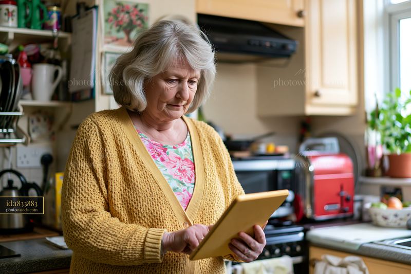 Older woman using a tablet in a home kitchen