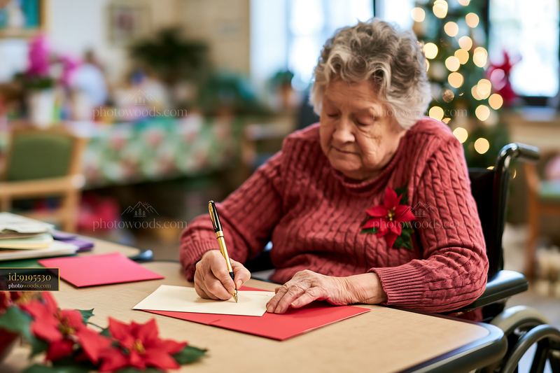 Older woman writing a Christmas card beside a decorated tree