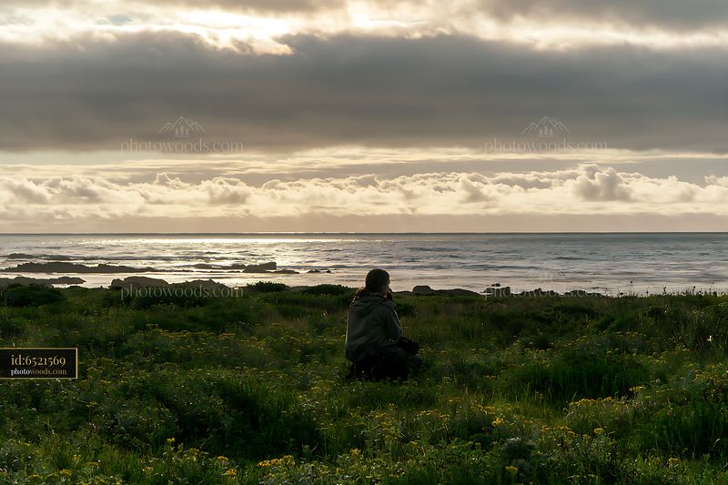 Person Sitting in a Seaside Meadow Beneath Dramatic Clouds