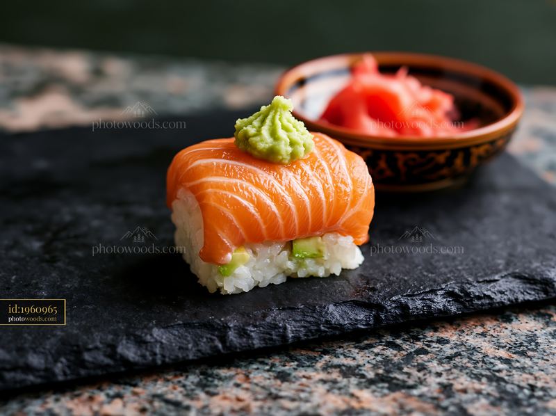 Single salmon maki piece with wasabi on black stone plate