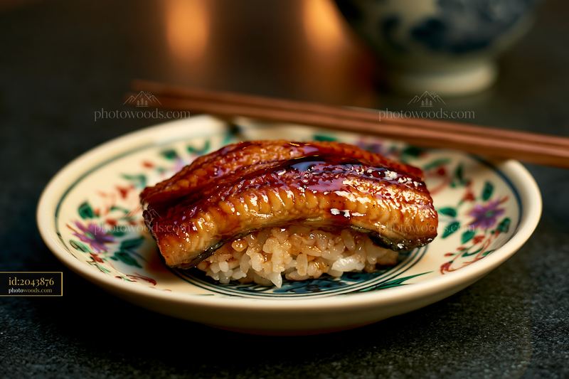 One sushi piece presented on a decorative plate with chopsticks