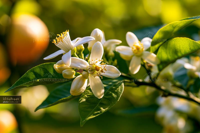 Close up of orange tree flowers in a sunny orchard