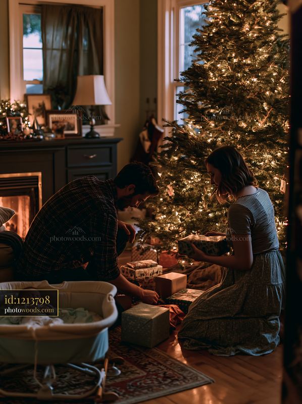 Parents placing gifts under tree in cozy living room setting
