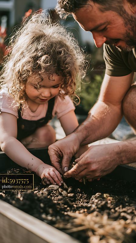 Parents helping child plant vegetable seeds in garden soil