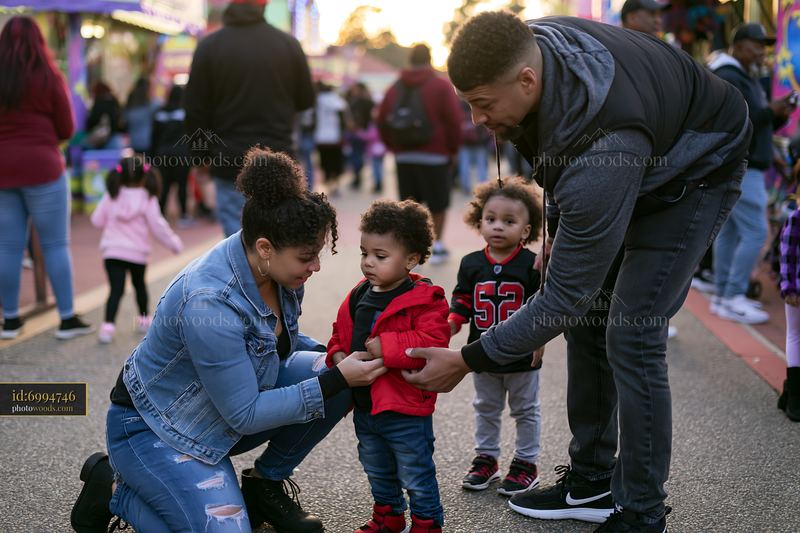 Parents guide children through a crowded carnival setting