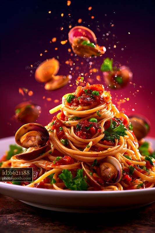 Spaghetti with clams and tomato sauce on a dark background